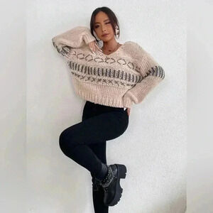 Aster Crop Sweater Size Medium Geo Pattern Drop Shoulder Sweater